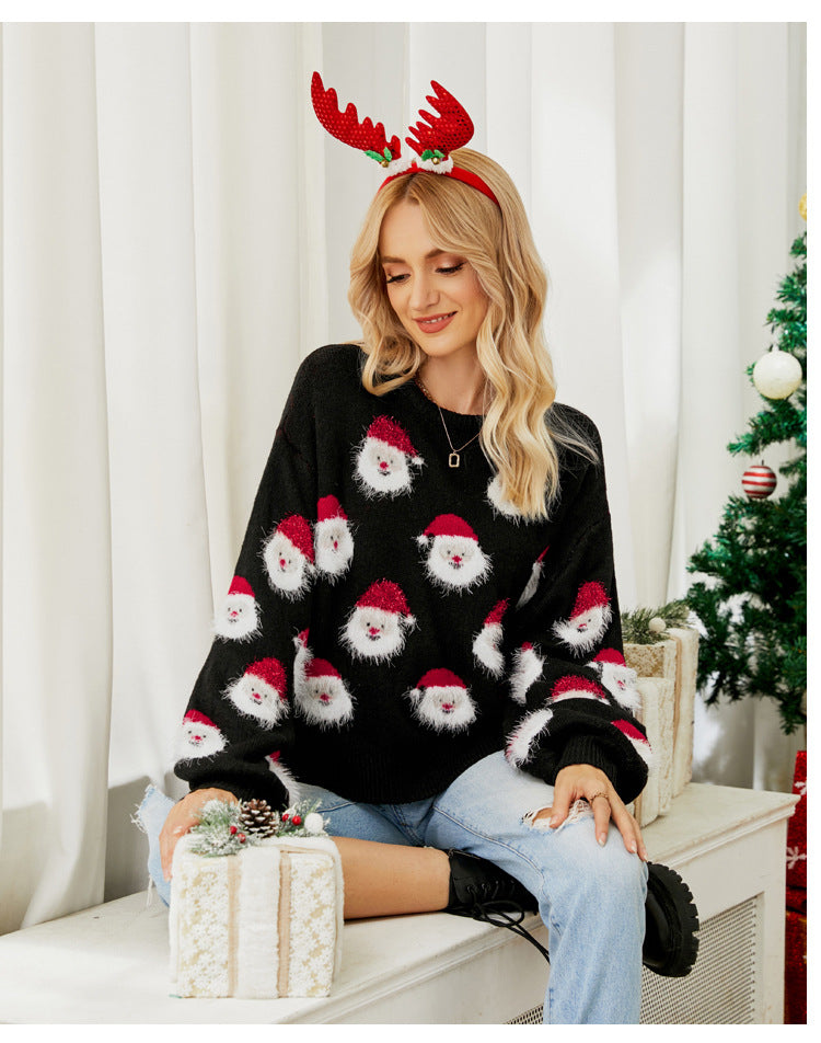 Wholesale Christmas Costume Old Man Head Knitted Women's Pullover Christmas Sweater